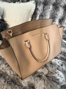 Michael Kors Beige Saffiano Leather Tote with Gold Hardware